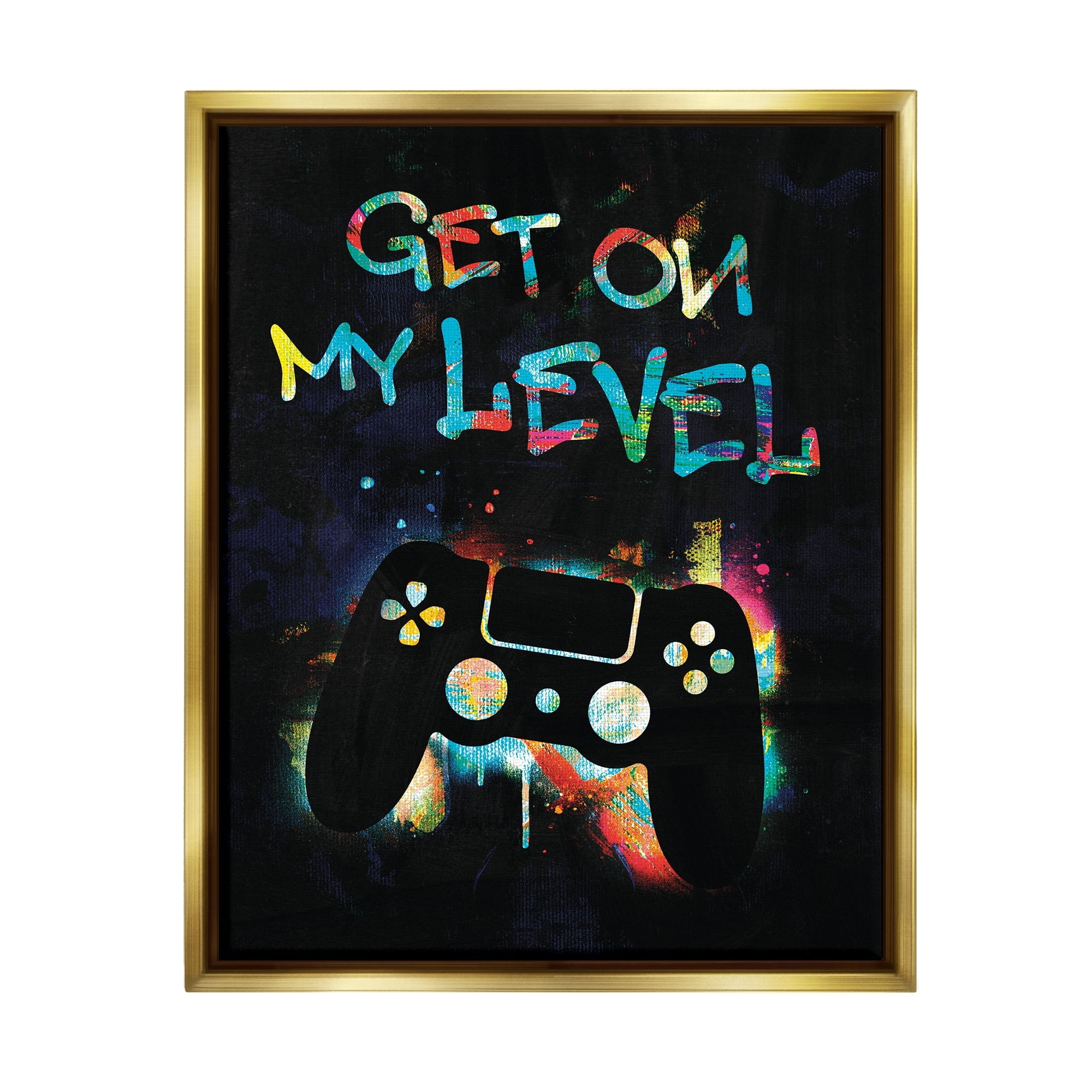 Stupell Industries Get On My Level Gaming Controller Neon Paint Splatter Graphic Art Metallic Gold Floating Framed Canvas Print Wall Art, Design by Victoria Barnes