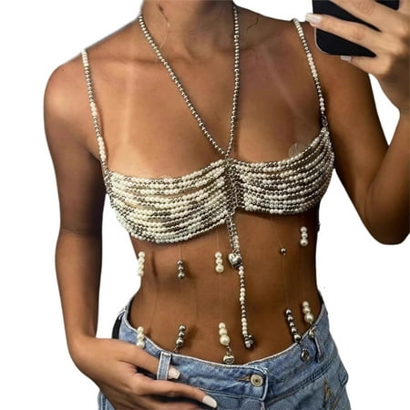 Stylish Pearl Bead Harness Bra Chest Chain for Womens Party and Beach Clubwear Tassels Body Jewelry Bralette Crop Top