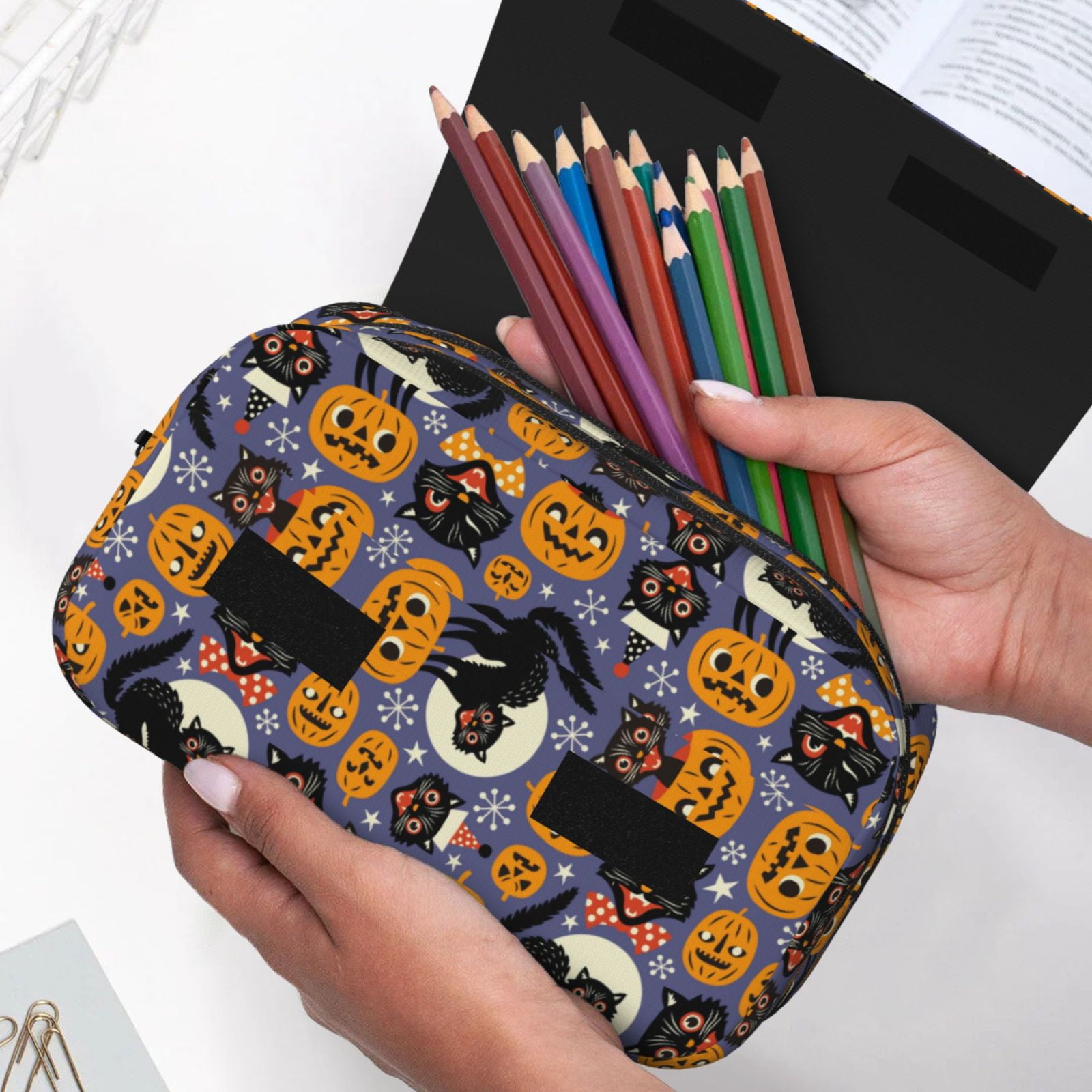 Rateoe Spooky Cats And Halloween Pumpkins Pattern Double Clamshell Pen Case, Storage Organizer with Two Zipper Compartments– Holds Up to 50 Pencils & Pens