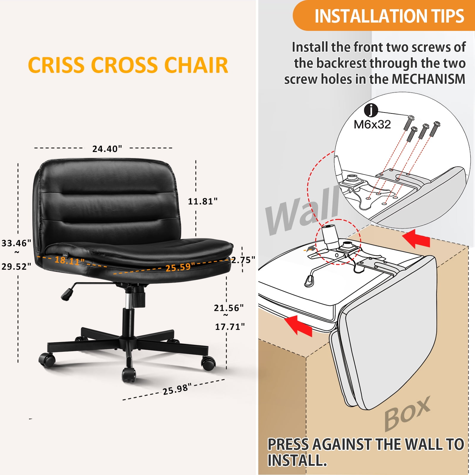 CloudRest Pro Armless Office Desk Chair, Criss Cross Swivel Chair with Wheels, Wide Seat Adult Vanity Chair for Home Office , Black