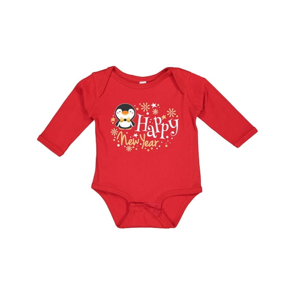 Inktastic Happy New Year with Cute Penguin Boys or Girls Long Sleeve Baby Bodysuit