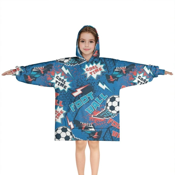 Blue Soccer Elements Pattern Blanket Hoodies for Kids 6-13YR Oversize Wearable Blanket Hoodies for Boys Girls Teens