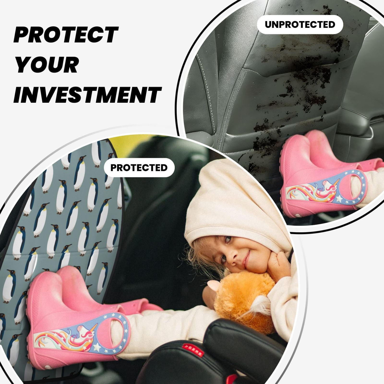 Xecao Penguin Pattern Car Seat Back Protector 2 Pack Large Capacity Pocket, Kick Mats Back Seat Protector