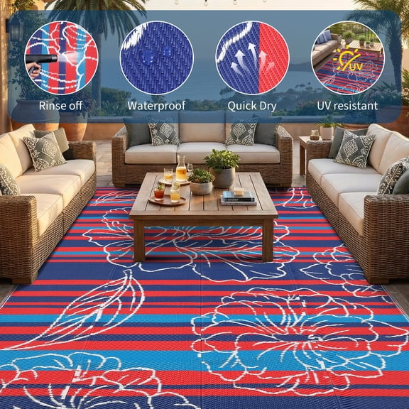 HIWEAVER Red/Navy 6' x 9' Outdoor Rug PP Plastic Straw Woven Waterproof Patio Rug with Floral Portable Outside Carpet for Balcony Deck Picnic Garden Decor