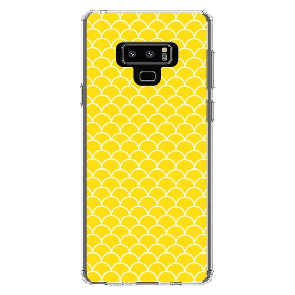 DistinctInk Clear Shockproof Hybrid Case for Samsung Galaxy Note 9 - TPU Bumper, Acrylic Back, Tempered Glass Screen Protector - Yellow White Scalloped Pattern