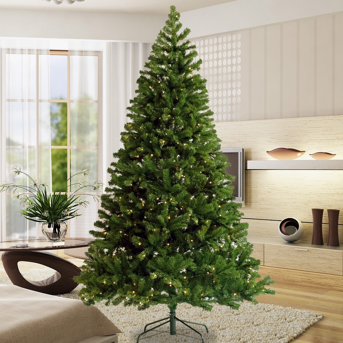 5/6/7FT Artificial Christmas Tree 300 LED Warm Light Decor Bushy Pine W/Stand 