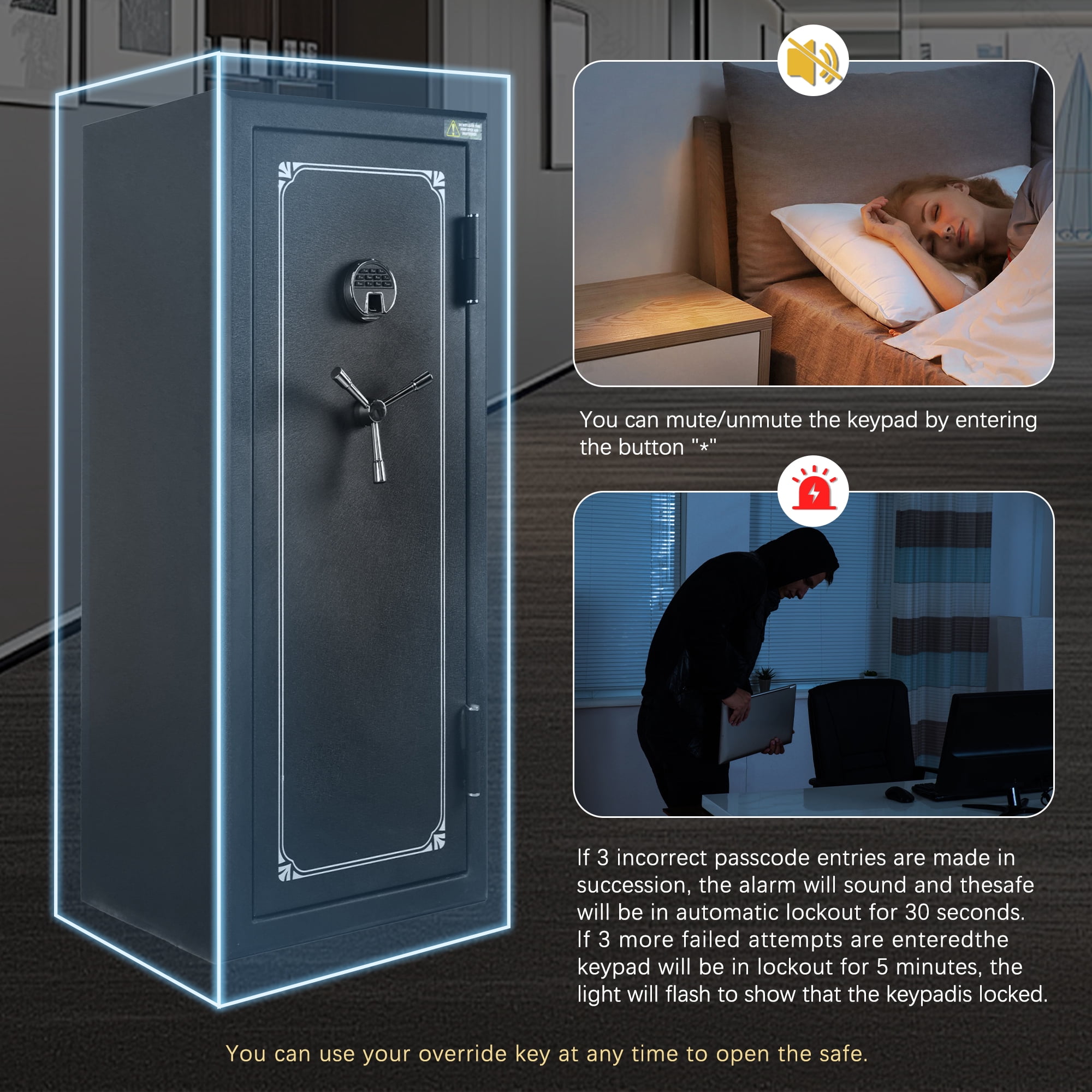VALINIRT 24 Gun Fireproof Safe for Rifles and Pistols, Gun Cabinet with Biometric Fingerprint, Keypad and Key Access, No-Assembly-Required Gun Safes with Built-in Charging Ports (Silver)