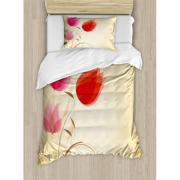 Floral Duvet Cover Set, Tulips Flourishing Florets Essence Nature Beauty Themed Flower Design, Decorative 2 Piece Bedding Set with 1 Pillow Shams, Twin Size, Sand Brown Red Pink, by Ambesonne