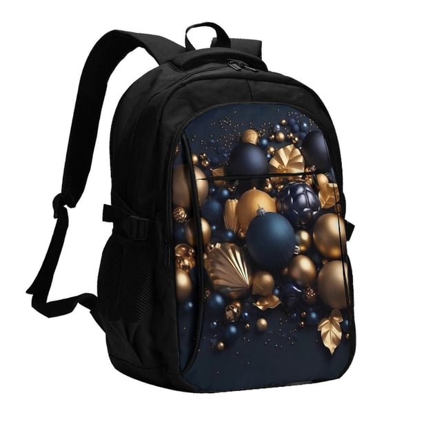 Easygdp Elegant Golden Blue Ornaments Mochila para Laptop de Viaje con Puerto USB, Mochila para Laptop con Puerto de Carga USB para Mujeres y Hombres