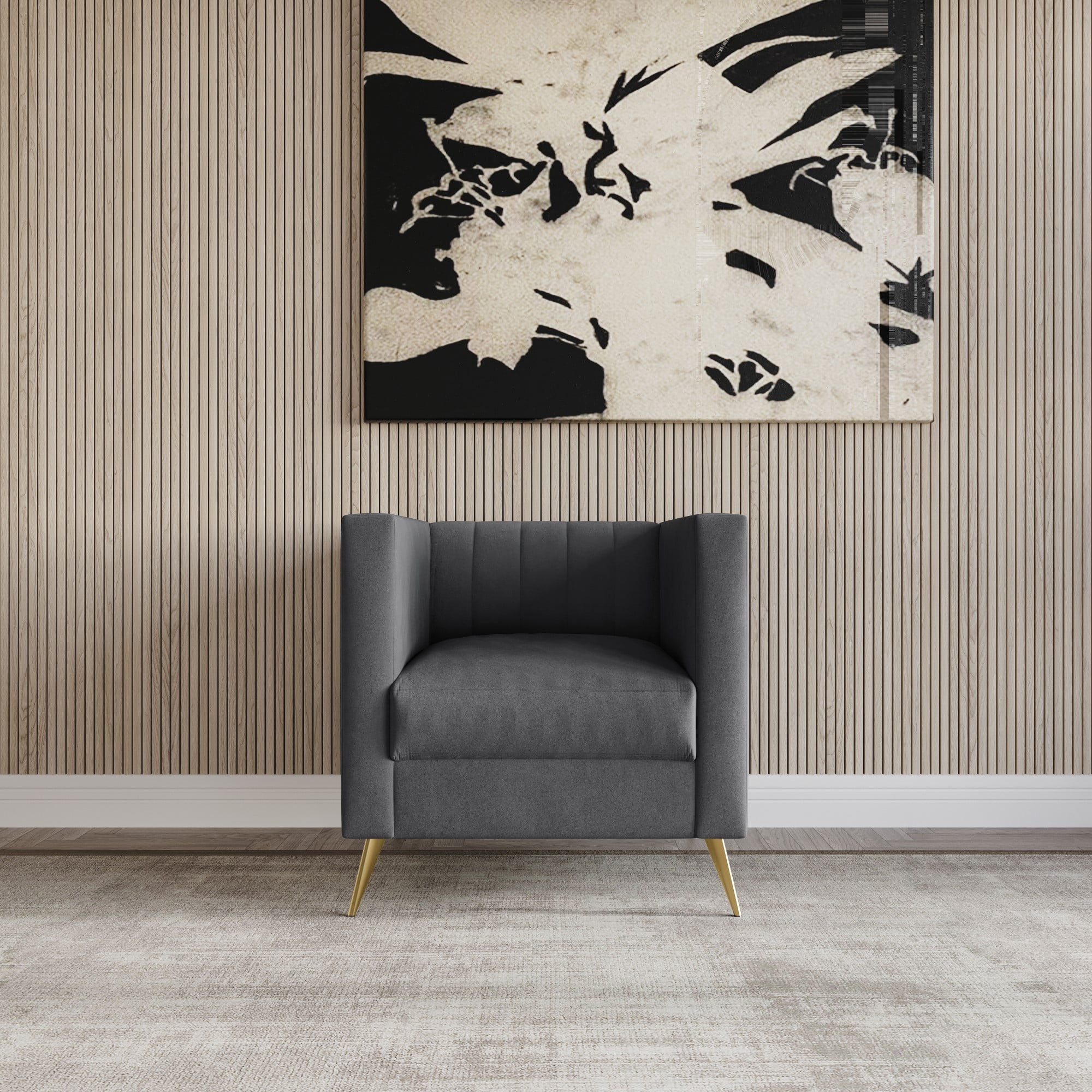 Home Design Weiss Velvet Square Arm Chair with Channel-Tufted Back and Gold Metal Legs, Modern Upholstered Living Room Seating, Dark Gray