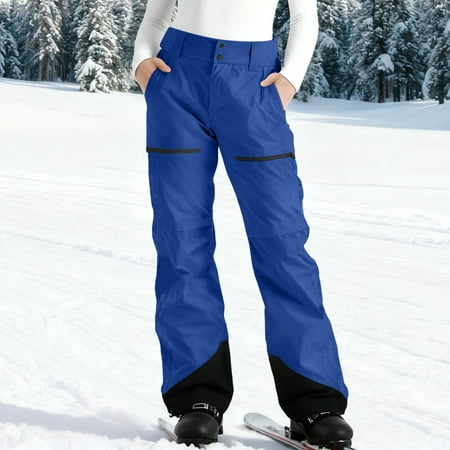 Moxiu Fleece Lined Warm Ski Pants for Women Insulated Waterproof Colorblock Softshell Snowboard Hiking Pants with Pockets Navy S