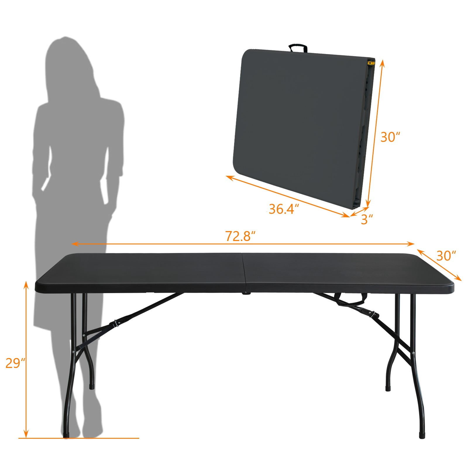 6ft Folding Table Portable Plastic Foldable Table High Load Bearing Black Table for Camping Picnics Parties Indoor Outdoor Garden Patio Use