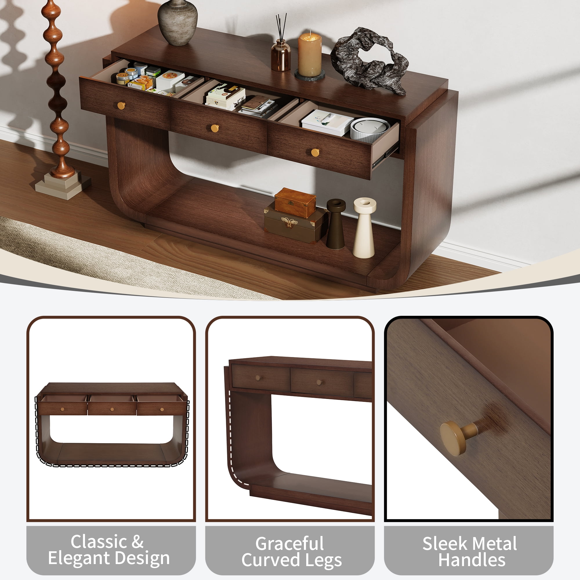 Mintazer Curved Rounded Console Table with Brushed Nickel Handles, Entryway Table with 3 Drawers & Open Bottom Shelf, Anti-Tip Sofa Table for Hallway Living Room Foyer, Walnut