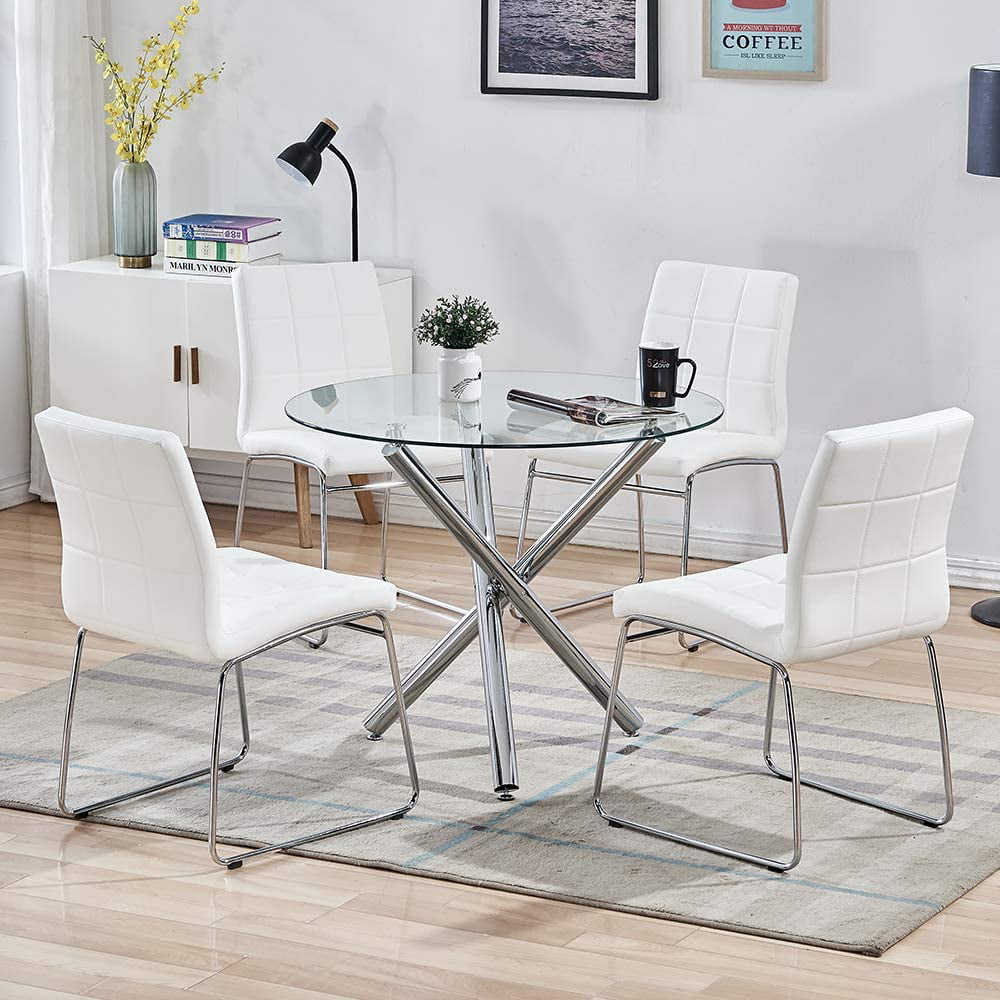 5pcs Round Dining Table Set Tempered, Round Glass Dining Room Sets