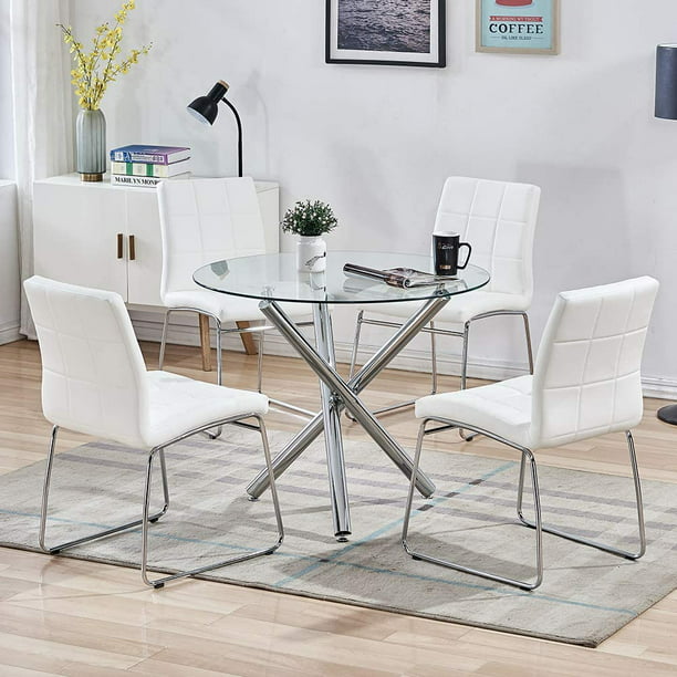 5pcs Round Dining Table Set Tempered, Round Kitchen Table With Leather Chairs