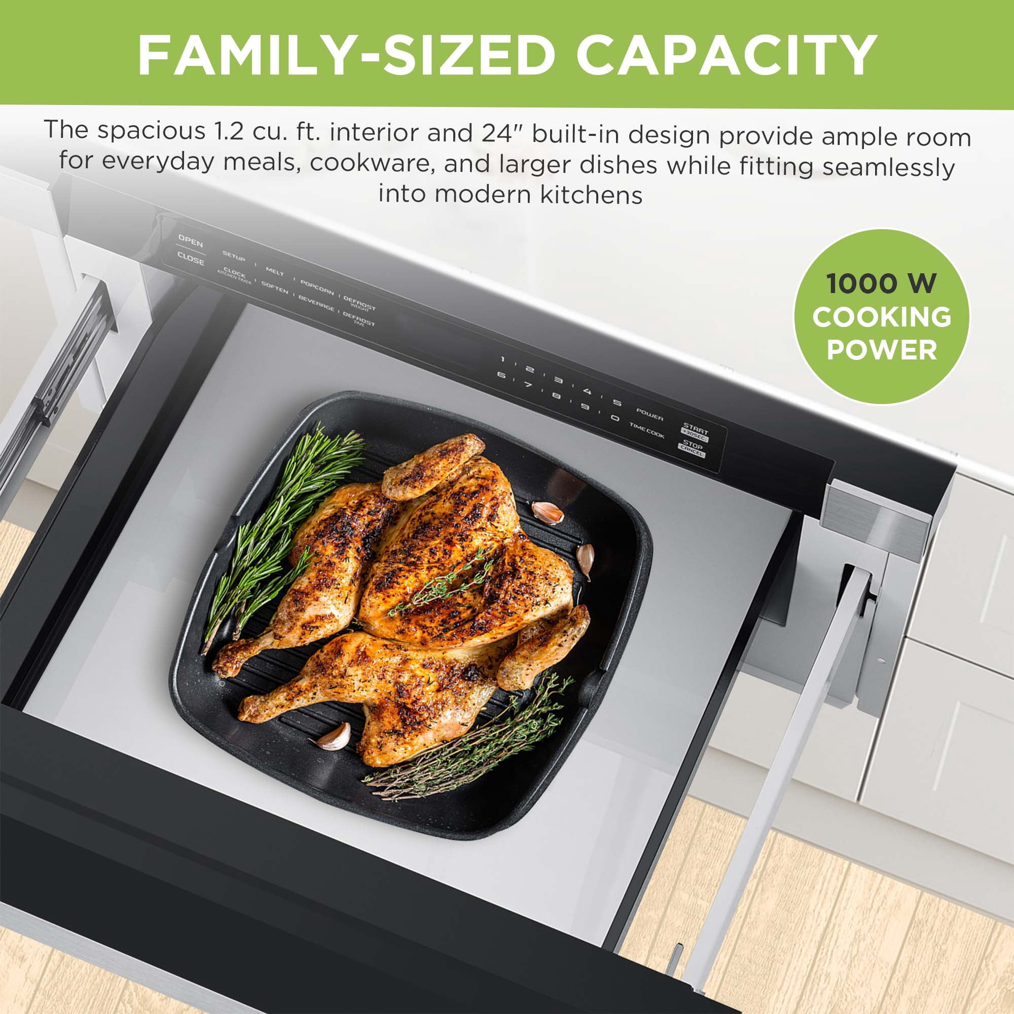 Hamilton Beach 24" 1.2 Cu. ft. Built-in Microwave Oven, 1000 Watts Electric Drawer Oven with Touchscreen Control, Stainless Steel