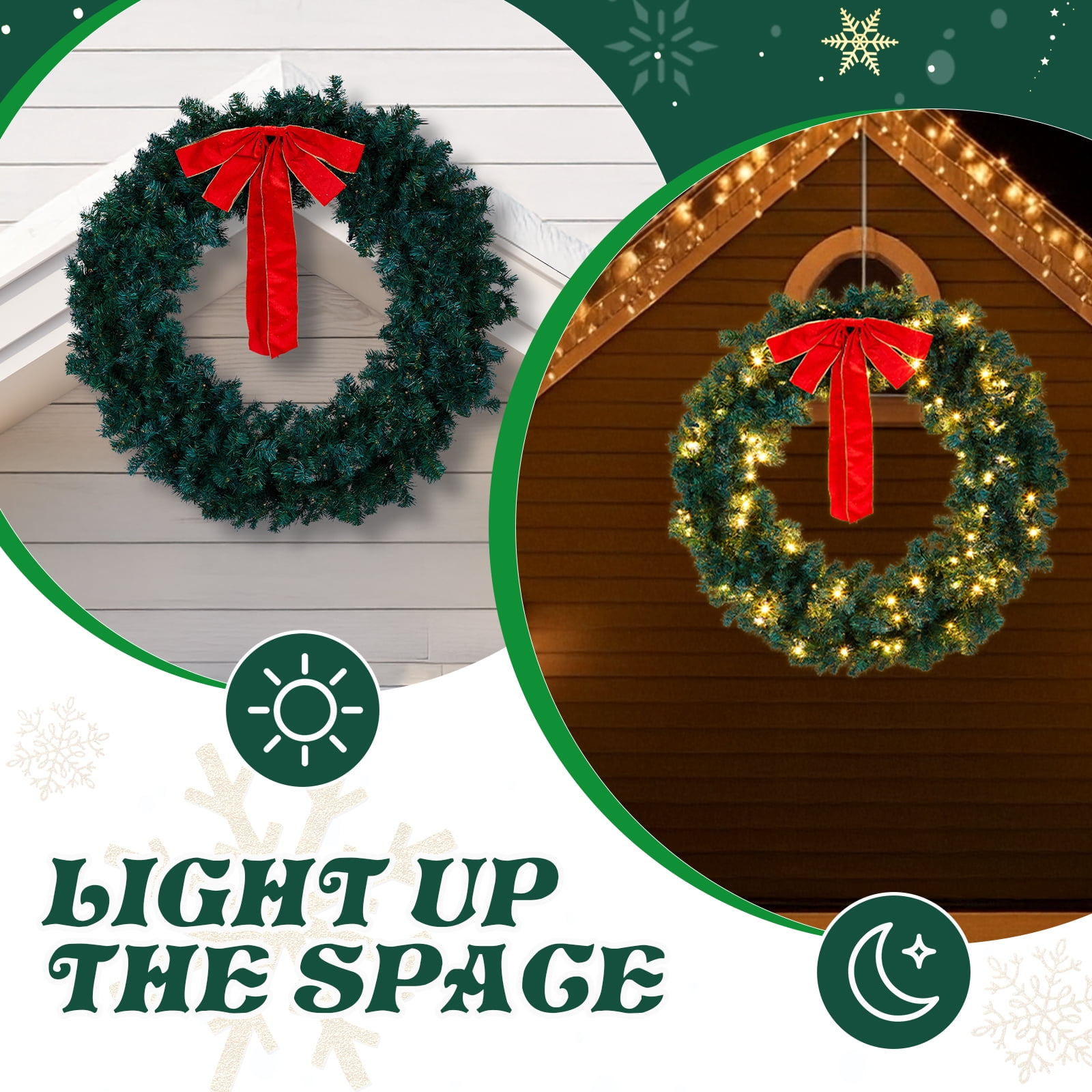 46in Pre-lit Christmas Wreath, Lighted Artificial Xmas Wreath with 150 Warm & Multi-color Lights and 450 PVC Tips, Remote Control Stepless Dimming, for Front Door Gate Wall Xmas Party Decorations