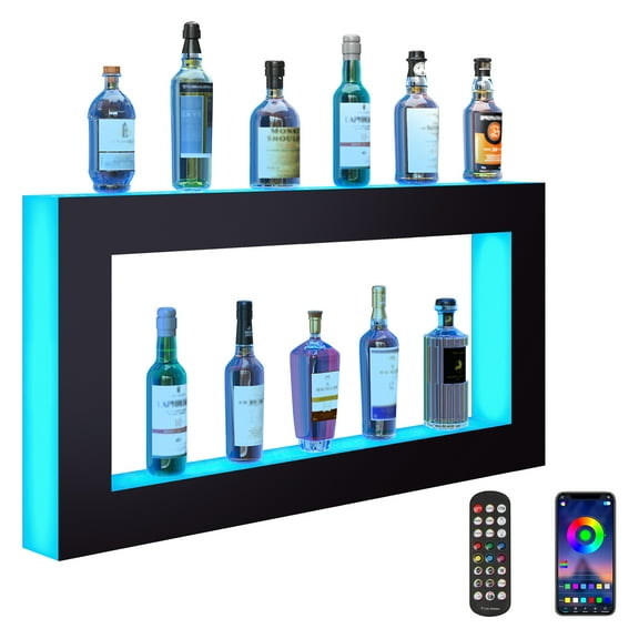 VEVOR Tuspu Liquor Bottle Display with LED Light, 48-inch Square, Home Illuminated Bar Shelf with RF Remote Control and App Control, 7 Static Colors, Synchronization d