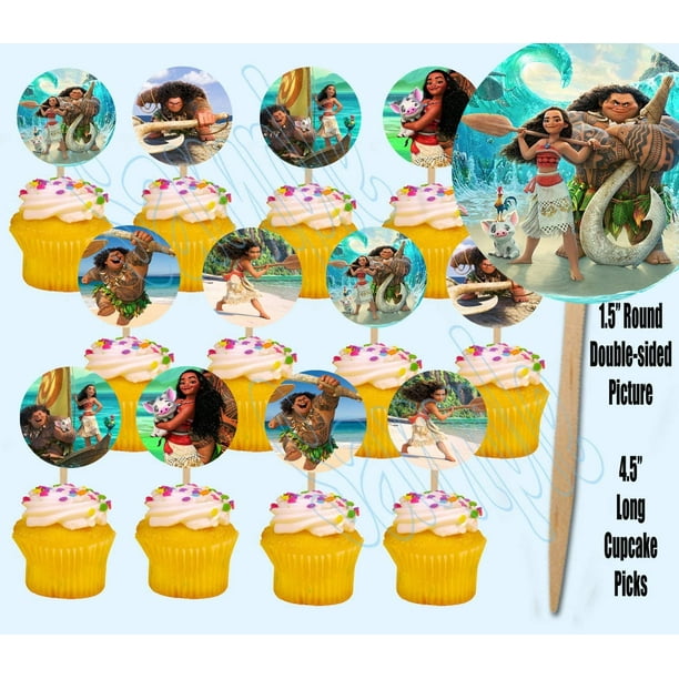 Party Over Here Moana Maui Hawaiian Movie Double Sided Cupcake Picks Cake Toppers 12 Pcs Walmart Com