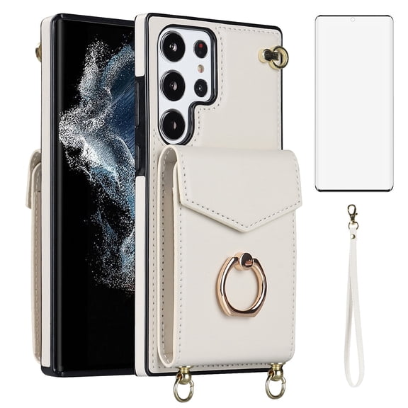 Asuwish Credit Card Slot PU Leather Wallet Cell Phone Case with Ring & RFID Blocking and Tempered Glass Screen Protector for Samsung Galaxy S23 Ultra, White