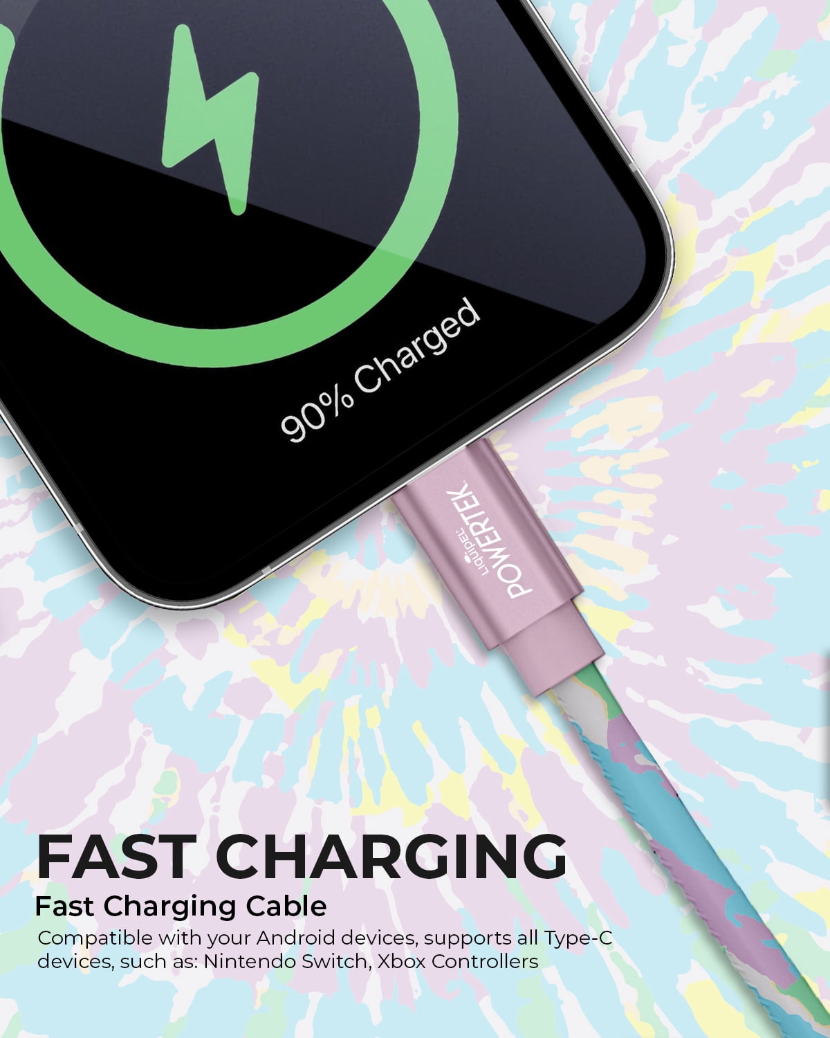 Liquipel Powertek Type-C Fast Charger Cable, 6ft USB-C for Galaxy, Note, Tab, MacBook, Tie Dye