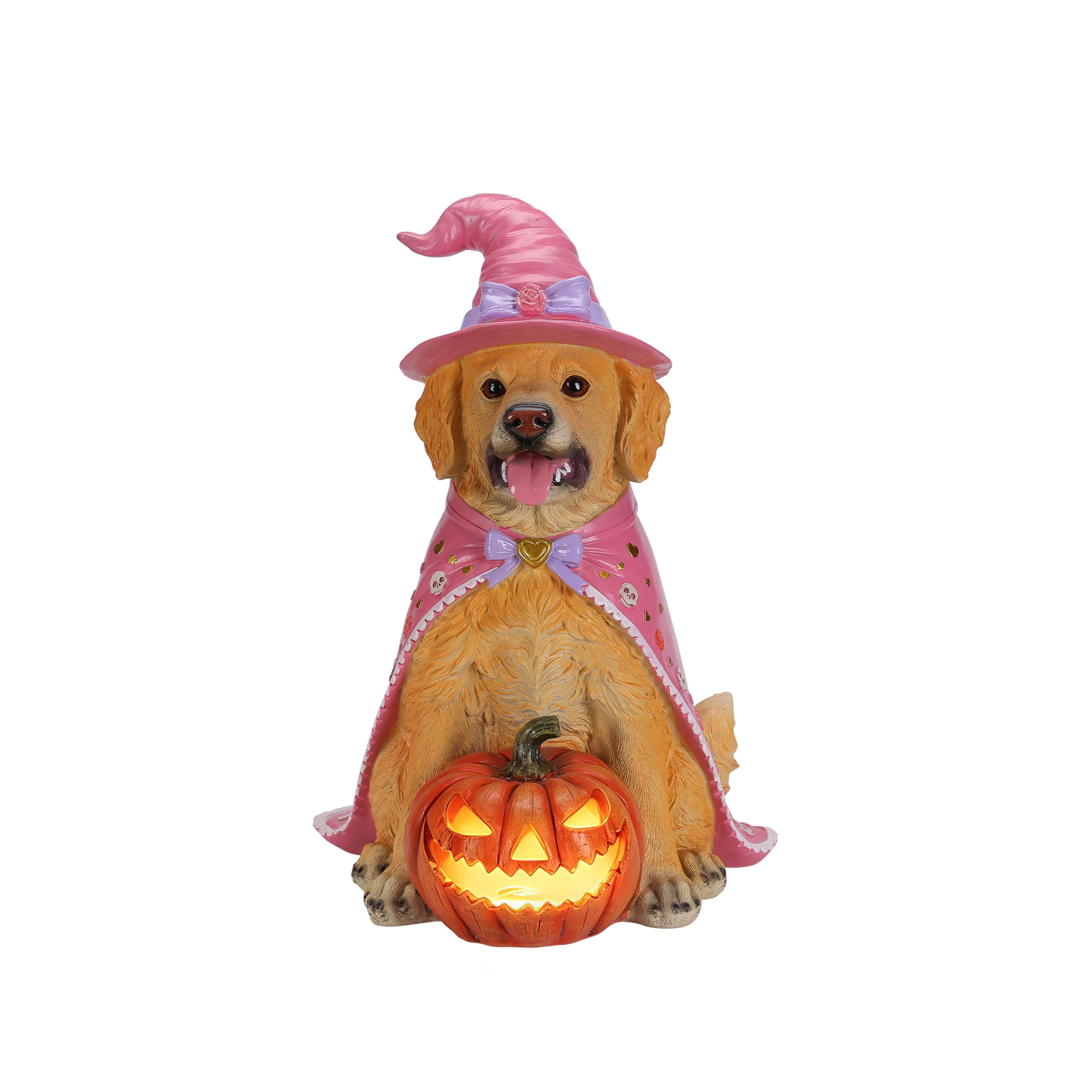Noble House Halloween Golden Retriever Witch Puppy Figurine with Pumpkin Lantern, Decorative Statue, Brown