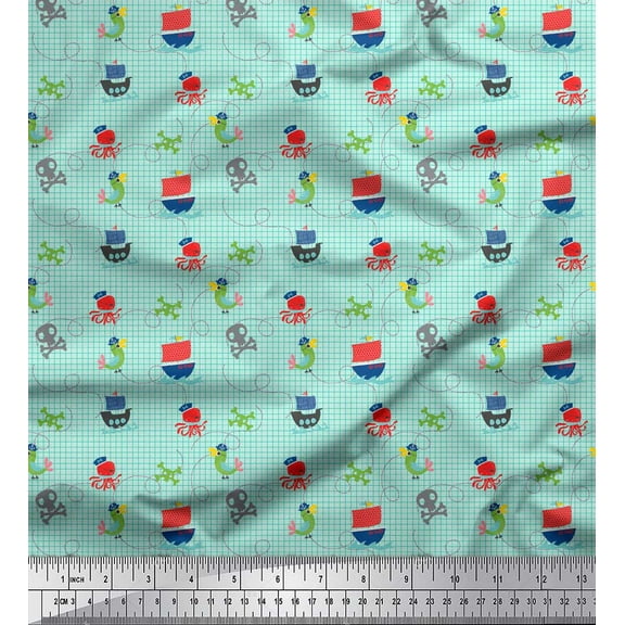 Soimoi Green Cotton Duck Fabric Octopus & Sailboat Geometric Printed Fabric 1 Yard 42 Inch Wide