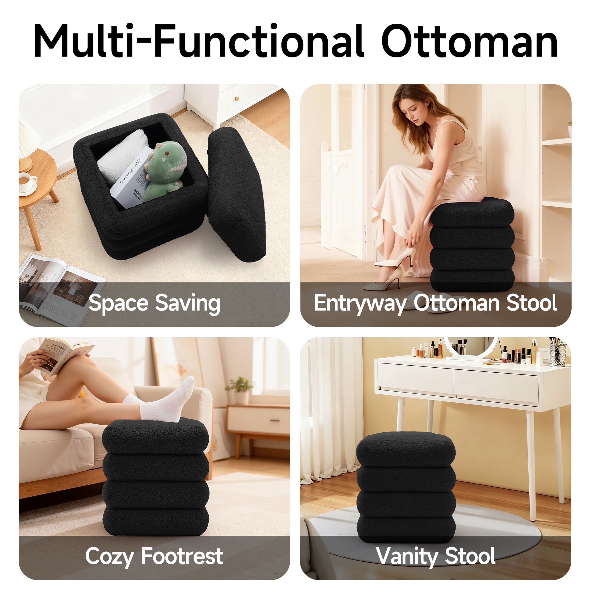 Korser Square Ottoman with Storage Set of 2,Upholstered Teddy Vanity Stool for Living Room,Bedroom,Black