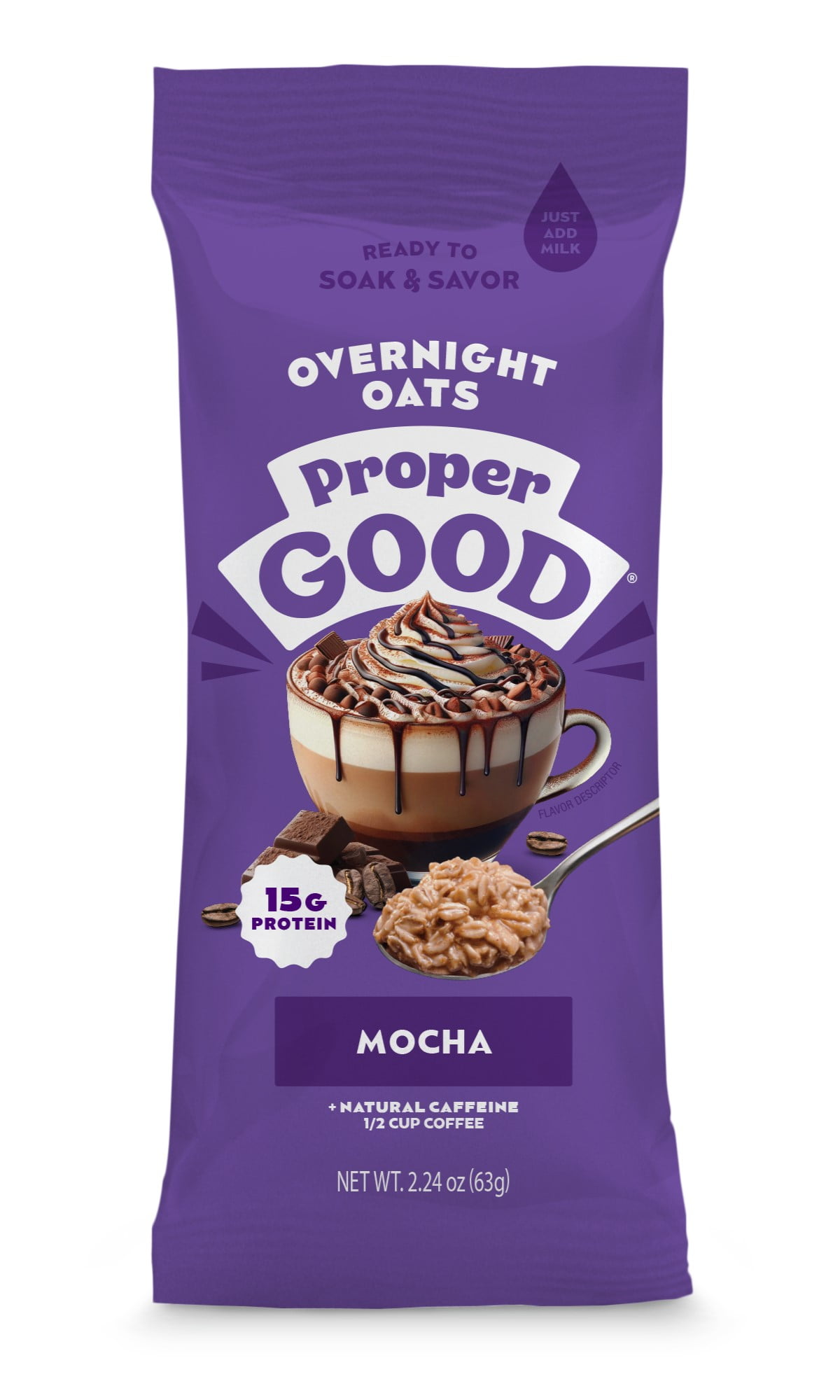 (2 pack) Proper Good Mocha Overnight Oats with 15g Protein, Shelf-Stable, 2.24 oz Packet