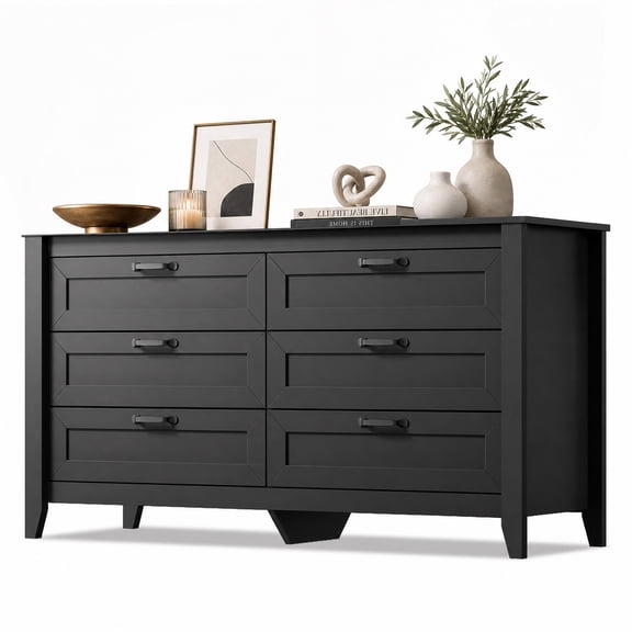 GALAXHERO 6-Drawer Double Wood Dresser - Farmhouse Chest of Drawers with Metal Handles for Bedroom, Living Room, Entryway, Black