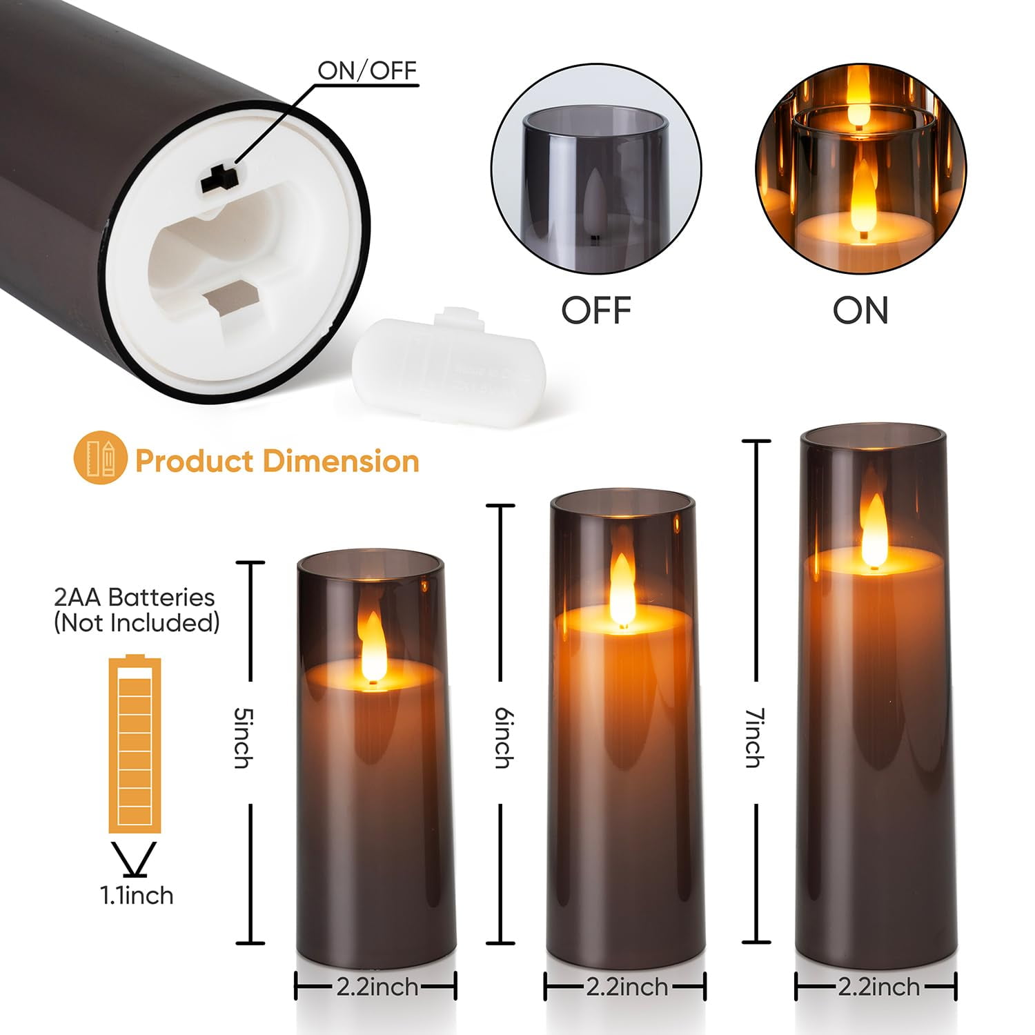 Merrynights Decorative Flameless LED Pillar Candles, Battery Operated, Remote, Timer, Flickering, Gray, 9 Pack, 2.2 inch D, 5, 6, 7 inch H