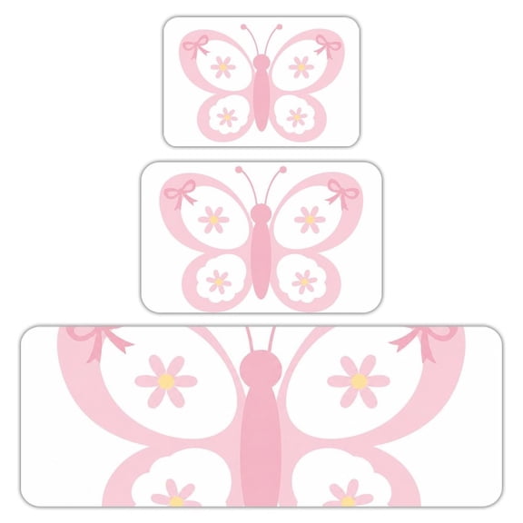 RKSupls Kitchen Rug Set 3 Piece Anti-Slip Flannel Floor Mats, Butterfly Flower Wings Washable Absorbent Runner Mats for Kitchen Bathroom Home Decor