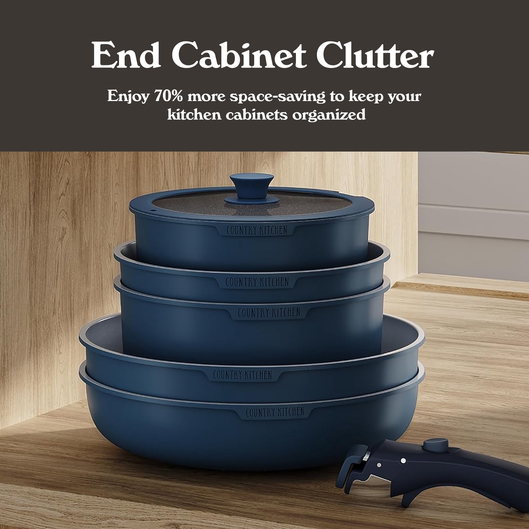 Country Kitchen Pots and Pans Cookware Set, 16-Piece, Ceramic Coated, Removable Handle, Denim