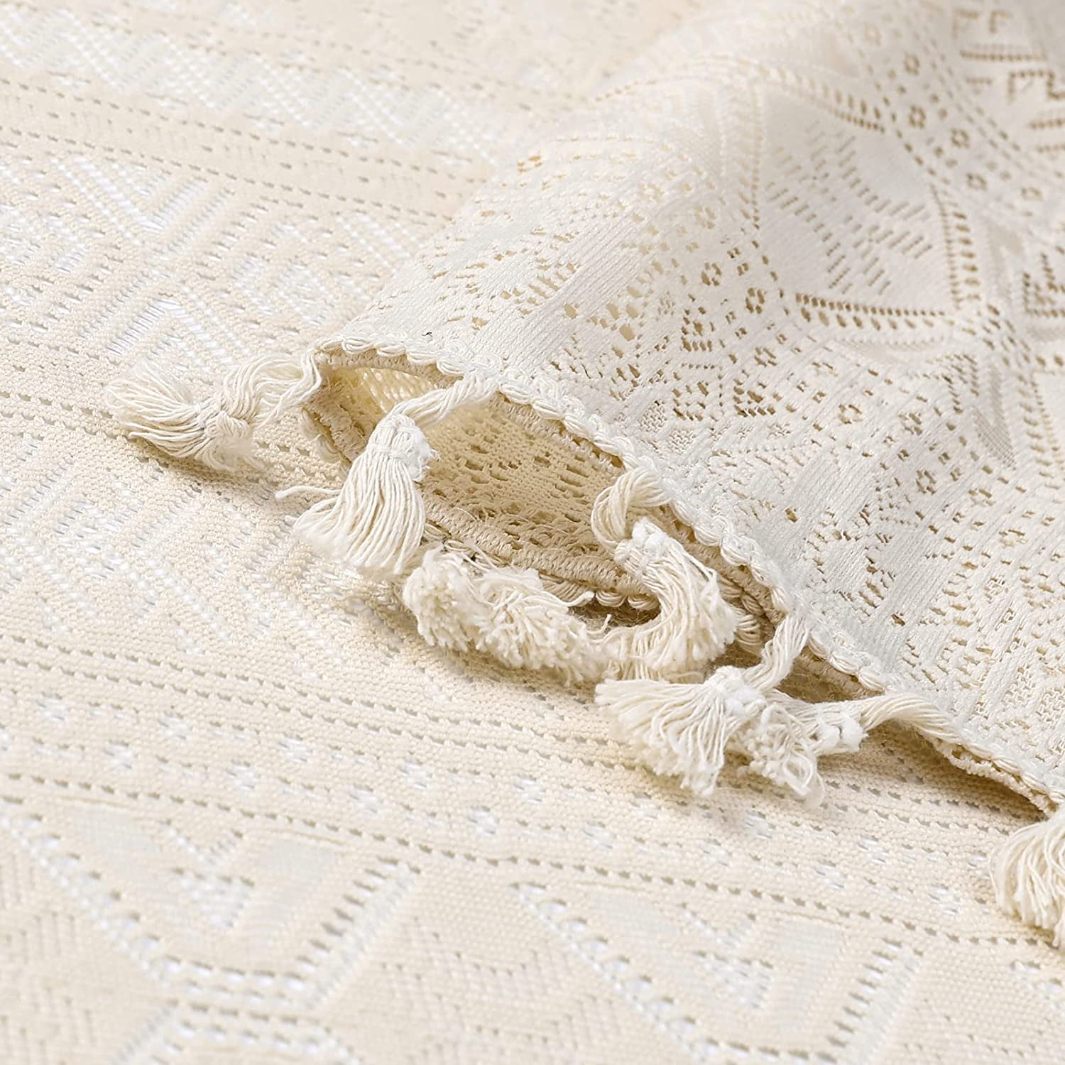 Bohogeo Beige Linen Tassel Sheer Lace Curtain Panels, Chic Crochet Farmhouse Rod Pocket Window Curtain Drapes for Living Room/Bedroom,2 Panels, Beige, 84"L x 40"W