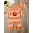 thumbnail image 2 of Bagilaanoe Newborn Baby Boys Halloween Jumpsuit Pumpkin Striped Long Sleeve Bodysuit + Beanie 3M 6M 9M 12M 18M Infant Fall One Piece Romper, 2 of 9