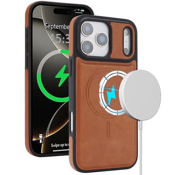 Magnetic Case for iPhone 17 Pro Max, Wireless Charging, Magnetic Car Mount Support, PU Leather Slim Flexible Bumper Protective Cover Skin-Feel Microfiber for iPhone 17 Pro Max, Brown
