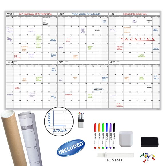 Grand Calendrier Mural Effaçable à Sec - 60“ x 38 Pouces Calendrier Vierge Non Daté de 6 Mois - Grand Tableau Blanc Affiche de 6 Mois - Planificateur Laminé Non Daté de Qualité Supérieure