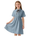 thumbnail image 3 of Bxsruta Girls Preppy A-Line Dress Short Sleeve Button Up Shirt Dress with Bow Tie High Waisted Summer School Uniform for Teen Kids, 3 of 7