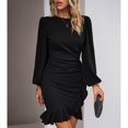 thumbnail image 5 of Women's Long Sleeves Dress Zipper Bodycon Mini Dress Ruffle Hem Round Neck Cocktail, 5 of 8