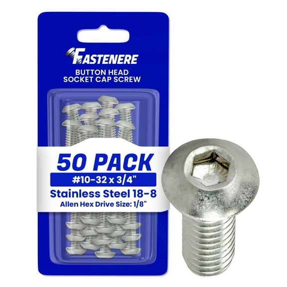 Fastenere Button Head Socket Cap Screws - 10-32 x 3/4" (50 Pack) Stainless Steel 18-8, Full Thread, Bright Plain Finish, Corrosion-Resistant, Machine Thread, Easy to Install w/ Allen Socket Drive