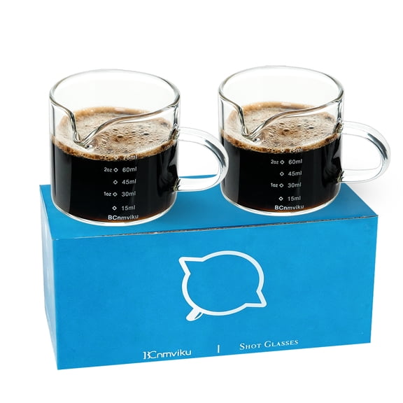 BCnmviku 2 PACK Espresso Glass Measuring Cup Triple Pitcher Milk Cup 75ML Espresso Cups with Handle Shot Glass with V-Shaped Mouth Clear Accessories Milk Frothing Pitcher