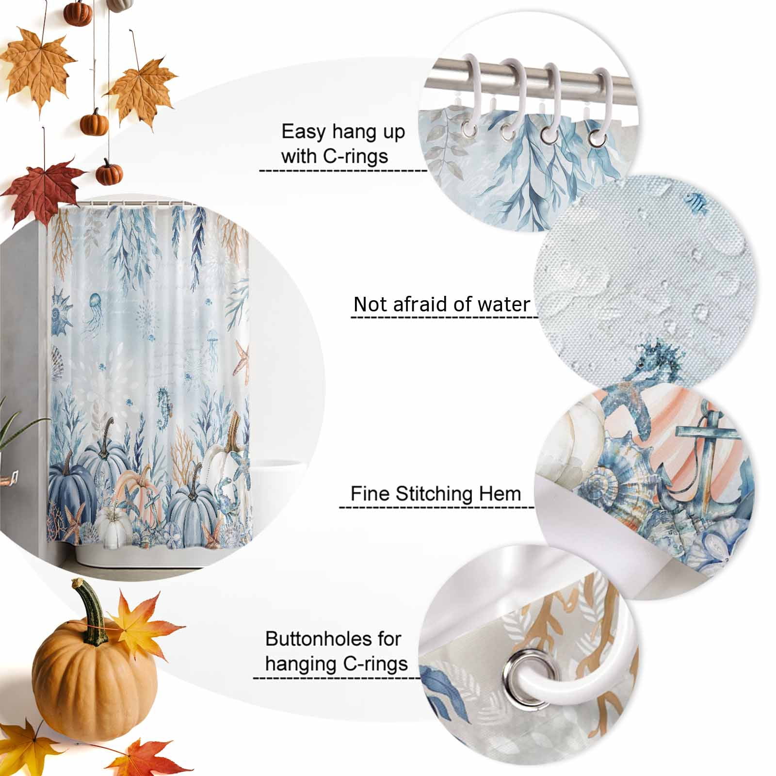Shower Curtain Bathroom Set Blue Pumpkin Thanksgiving Sea Starfish Coral Waterproof Fabric Shower Curtains with Grommets&Hooks Gradient Ocean Style Privacy Bath Curtain for Bathtub 36x72in
