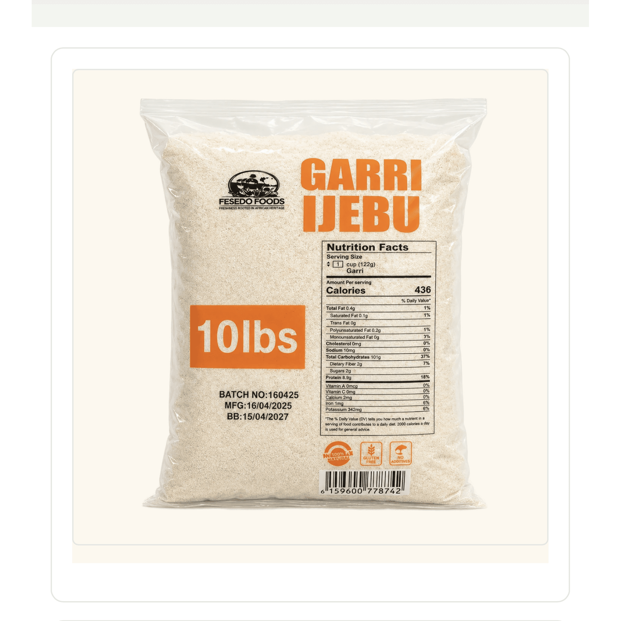 Garri Ijebu 10 pounds, authentic white authentic cassava flakes, natural gluten free, no additives. free shipping
