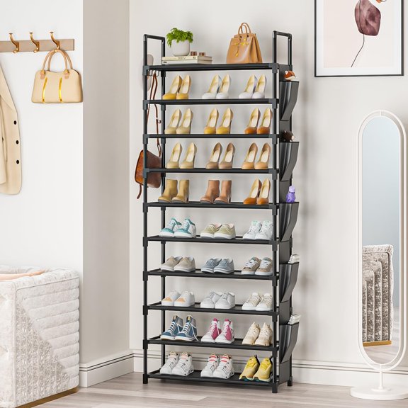 Tall Shoe Rack 10 Tier Storage Organizer with Hooks and Pocket for Closets, Entryways, Dorms