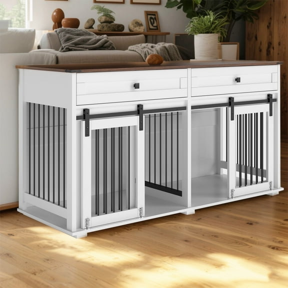 YIYADO Dog Crate Furniture for Two Dogs, 63" Double Wooden Dog Kennel with Divider, Drawers & Sliding Doors, Indoor Rustic Dog Crate Cabinet
