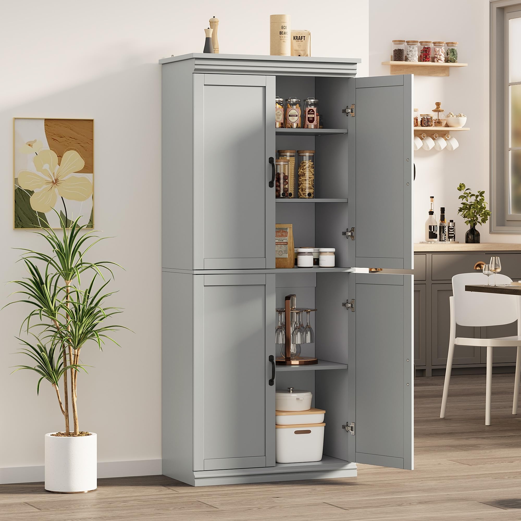 BouPower Pantry Cabinet,70" Tall Kitchen Pantry Cabinet with 2 Doors and 3 Adjustable Shelves, Freestanding Cupboard, Modern Tall Storage Cabinet for Bathroom, Dining Room, Living Room