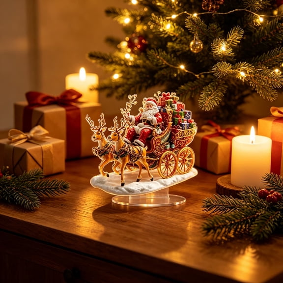 SPOORYYO Santa And Golden Reindeer Acrylic Figurine Flat Panel Christmas Desk Ornament Creative Holiday Decor for Home and Office Festive Centerpiece Gift