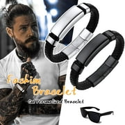 U7 Simple Leather Bracelets For Men Boys Adjustable Braided Leather Wristband ID Tag Stainless Steel Bracelet Fathers Day Gift,19cm/7.5 Inch