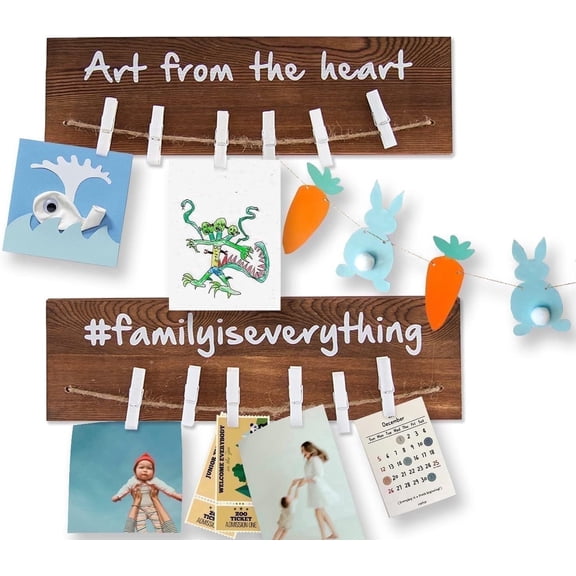 Comfify Kids Art Display Rack with Clips, Wall Mounted Wooden Photo & Artwork Holder, Fir Wood, Set of 2