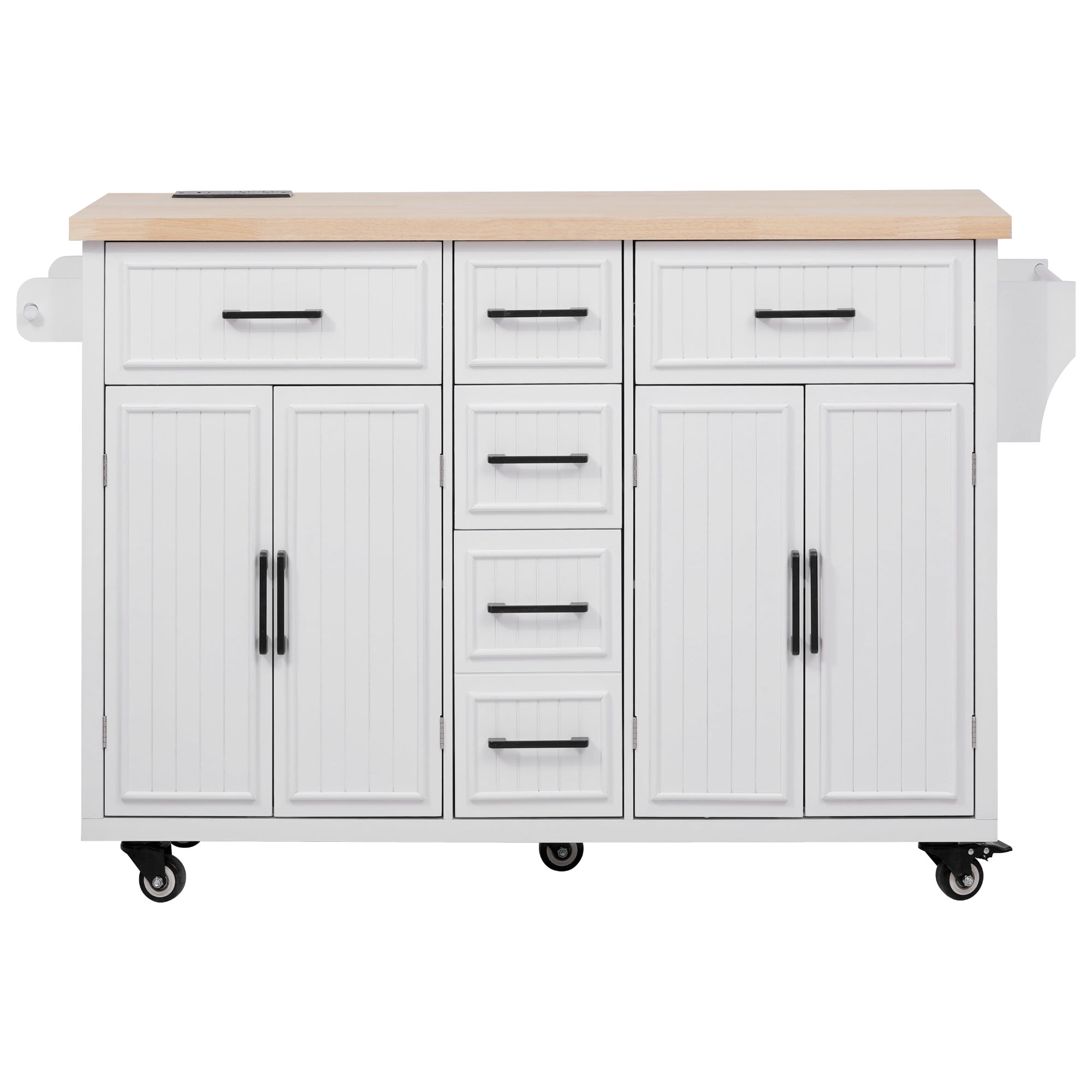 Euroco 56.5'' Kitchen Island with Drop Leaf, Power Outlet, Embossed Vertical Stripe Rolling Kitchen Cart on Wheels with 4 Doors